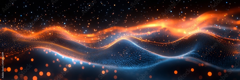 Poster abstract background with glowing particles and dots in the shape of waves on a dark black background