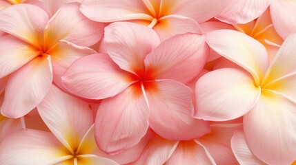 Fototapeta premium Delicate pink frangipani blooms showcase soft petals and vibrant yellow centers, exuding tropical beauty and charm.