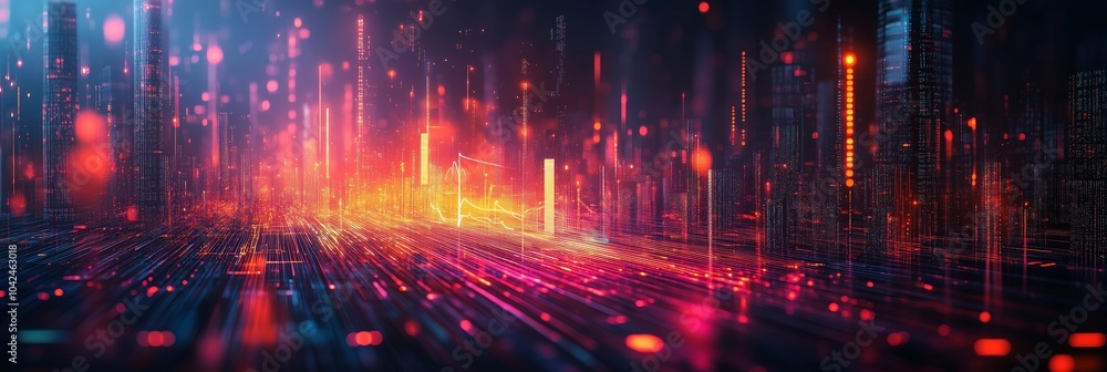 Poster abstract futuristic cityscape with glowing lines and data points on a dark background, symbolizing t