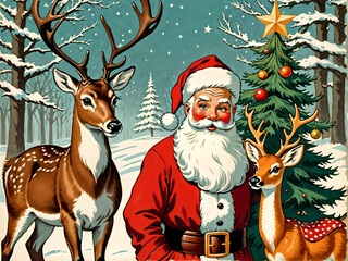 Fototapeta premium illustration of santa with deer in the snow