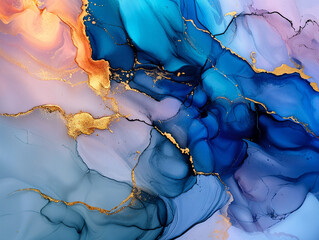 Blue and gold alcohol ink painting A colorful liquid background with swirls of gold