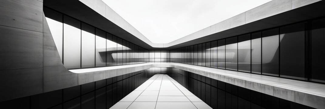 Modern architecture made of glass, black and white, with geometric shapes