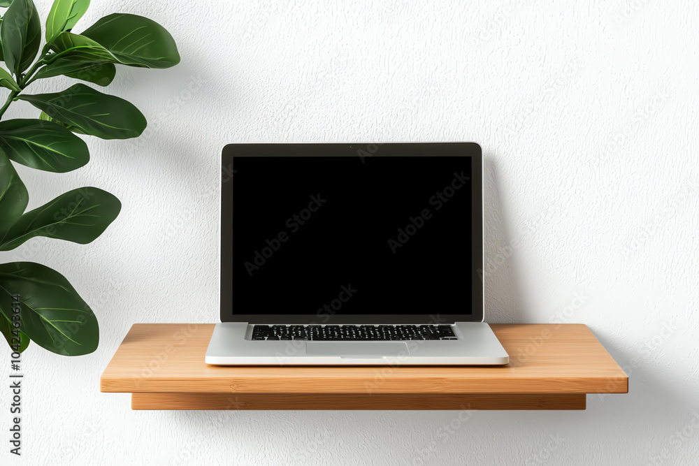 Poster modern workspace setup featuring a laptop on a minimalist wooden shelf with lush greenery in the bac