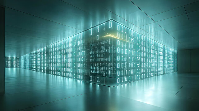 Futuristic data center with glowing binary code and sleek design.