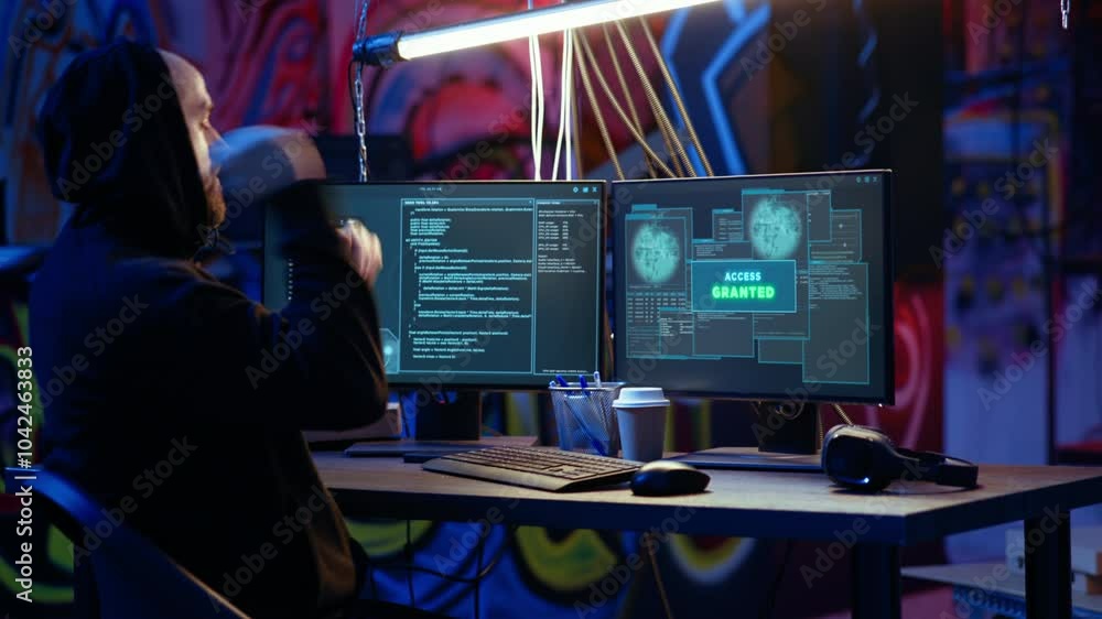 Poster hooded hacker in graffiti painted hideaway targeting vulnerable unpatched connections, having burst 