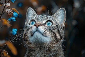 Close-up of a Tabby Cat with Blue Eyes Looking Up