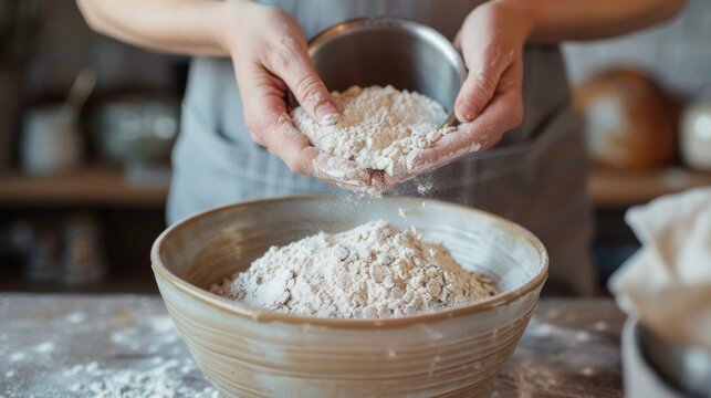 A person gracefully pouring a dash of buckwheat flour into a mixing bowl preparing to make homemade glutenfree buckwheat bread.