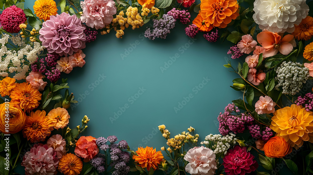 Poster A vibrant floral frame with colorful flowers on a blue background.