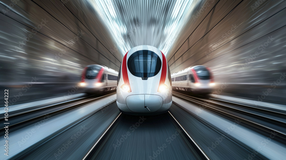 Poster high speed train passing through tunnel, showcasing motion and speed. sleek design and dynamic persp