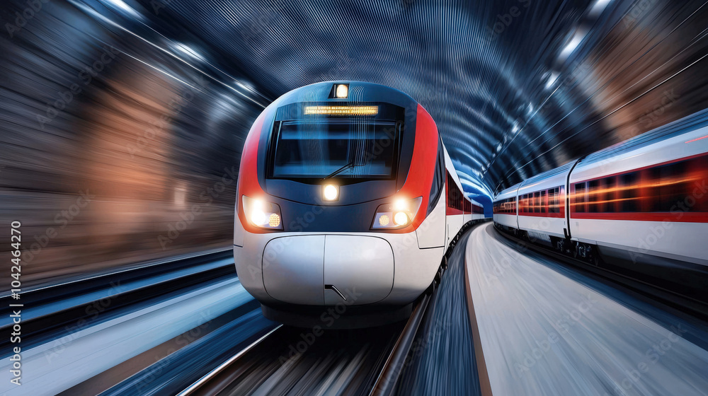 Poster high speed train passing through tunnel, showcasing motion and speed. sleek design and dynamic persp