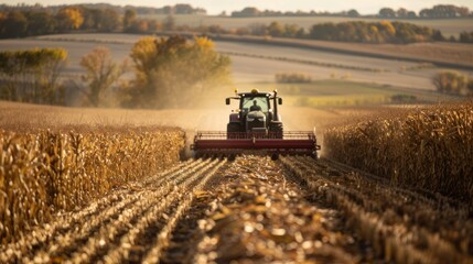 Fototapeta premium Tractor Harvesting Corn Field