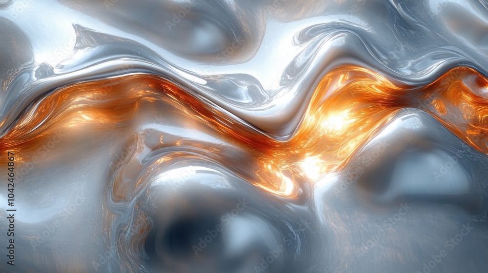 Poster A stunning abstract composition showcases flowing textures with blending silver and gold elements. The interplay of light creates a captivating visual effect, embodying fluidity and movement.