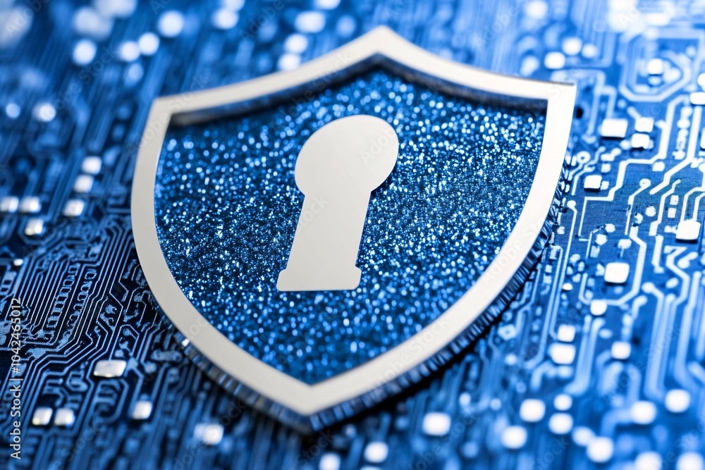 Poster cyber security shield with keyhole on circuit board