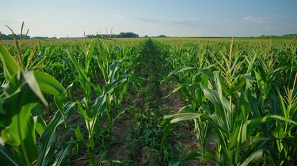 Fototapeta premium Cornfield Rows Under a Blue Sky