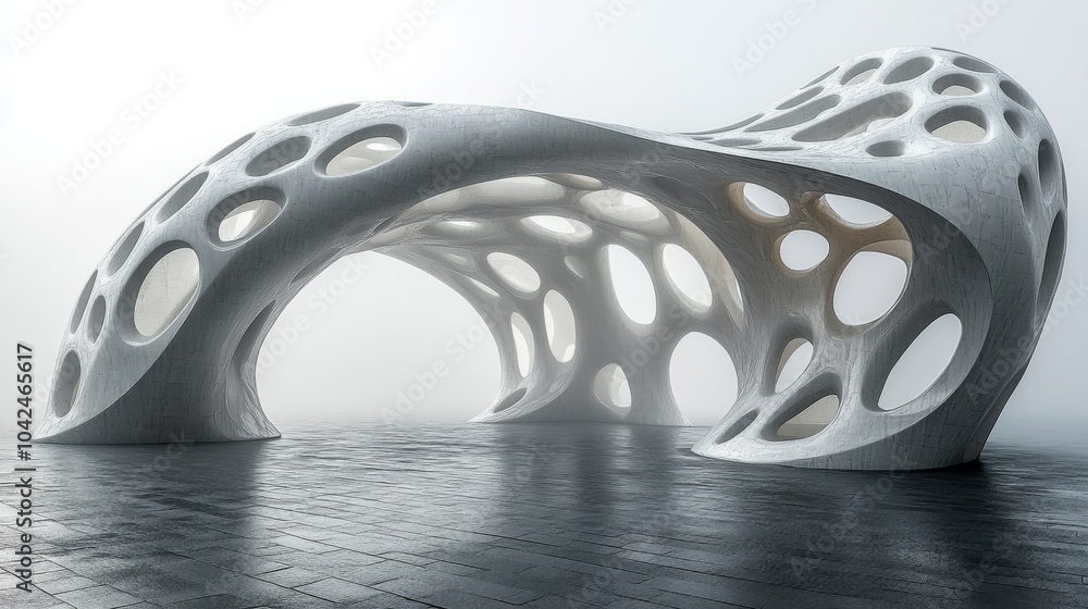 Leinwandbilder An innovative architectural design features smooth, organic curves and numerous openings, set against a backdrop of fog in an urban area. The structure stands out in the soft morning light.