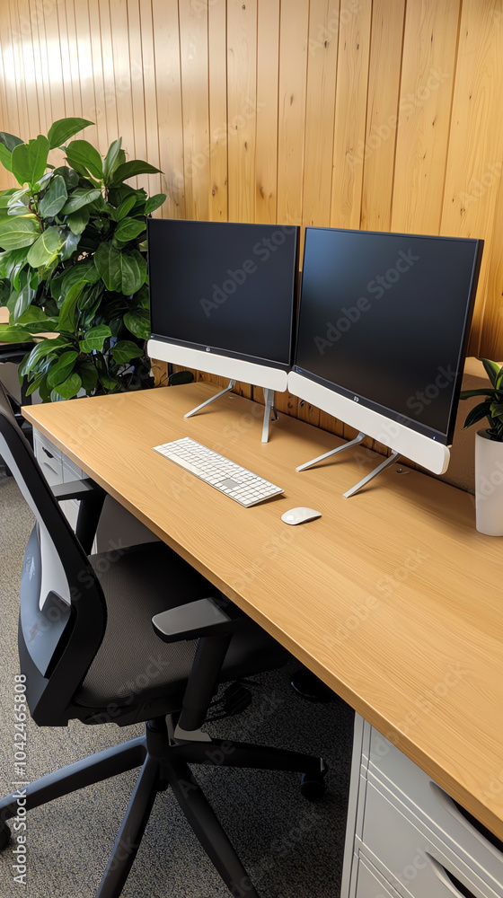 Poster modern workspace setup a dual monitor computer station with ergonomic design and greenery for enhanc