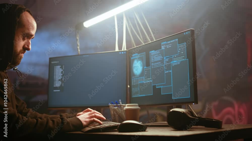 Poster hacker in foggy neon illuminated basement with graffiti drawings on walls using advanced technology 