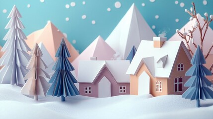 Fototapeta premium Papercraft winter village scene with snow-covered houses and mountains in a serene landscape, winter