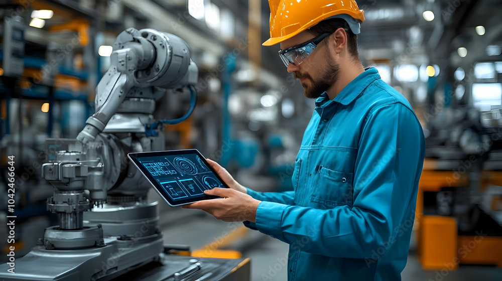 Poster worker using a tablet to monitor a robotic arm in an industrial setting.