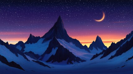 Fototapeta premium A crescent moon hangs in the night sky above a snow-capped mountain range, lit by the soft glow of a distant sunset.