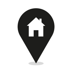 Home location marker. Simple house icon. Black pin graphic. Vector map symbol.