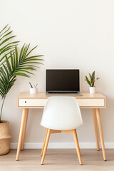 Fototapeta premium Modern minimalist workspace with plants a perfect blend of nature and technology in home office design