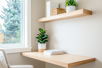 Minimalist home office corner with greenery and natural light enhancements