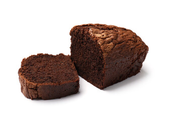 Delicious cut chocolate sponge cake isolated on white