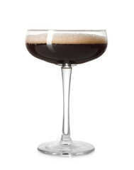 One glass of delicious espresso martini on white background