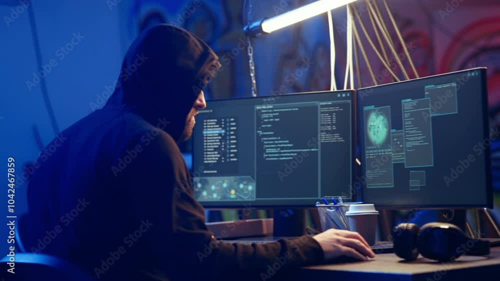 Poster hooded hacker creating pirating crack for software and video game releases in bunker. rogue programm