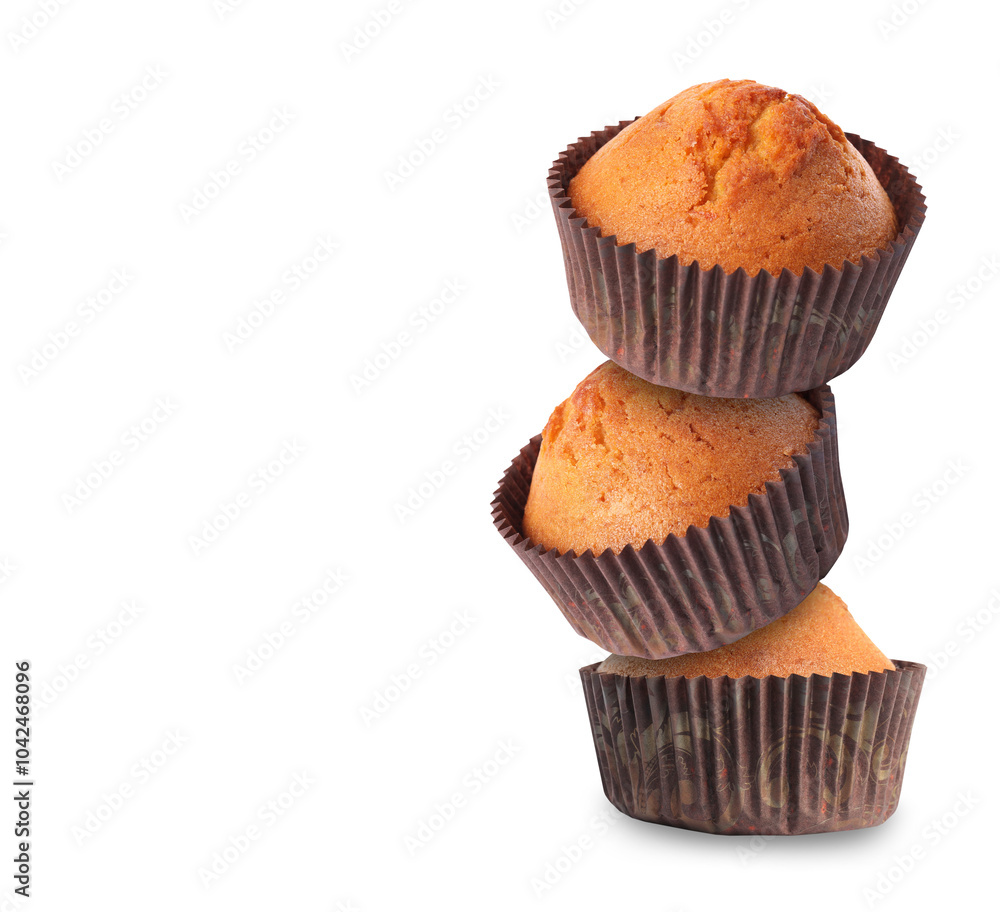 Sticker Stack of tasty muffins on white background. Space for text