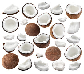 Coconuts isolated on white, collage. Whole and pieces