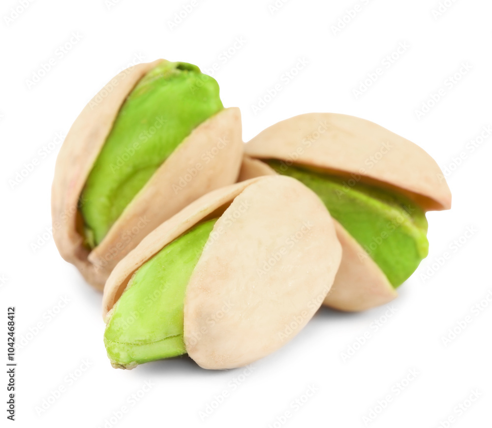 Poster Three tasty pistachio nuts on white background