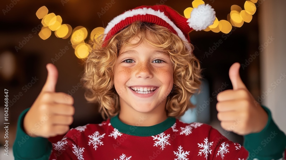 Wall mural a happy child with curly hair and a santa hat gives thumbs up, wearing a festive sweater and exuding