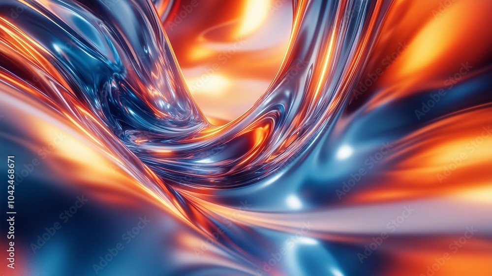 Poster 3d render, abstract background with orange and blue chrome elements in dynamic composition