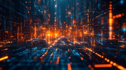 3D rendering of a futuristic abstract background with glowing digital technology and cyber city elements