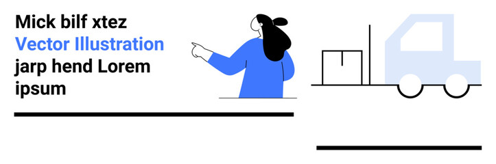 Woman in blue pointing at a truck with a cardboard box. Ideal for transportation logistics supply chain delivery services and warehousing. Banner for landing page