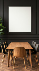 Elegant minimalist dining area featuring wooden table and stylish chairs against a dark wall