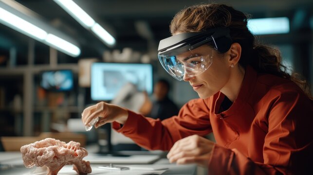 A woman in advanced eyewear works on a modern brain model in a tech-savvy lab, showcasing innovation, intelligence, and the future of scientific artistry.