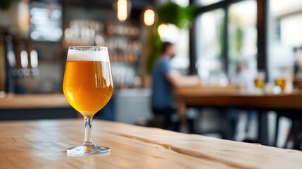 A single glass of craft beer sitting on a wooden table within a warmly lit pub, capturing an inviting and leisurely atmosphere ideal for relaxation.