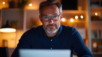 Fototapeta premium A confident professional works late at night in a cozy home office, demonstrating a strong sense of focus, independence, and dedication to his work in a comfortable setting.