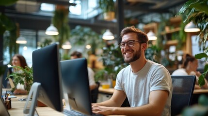 A satisfied professional smiling while typing at the computer, surrounded by a variety of plants in a bright and lively office that encourages productivity.