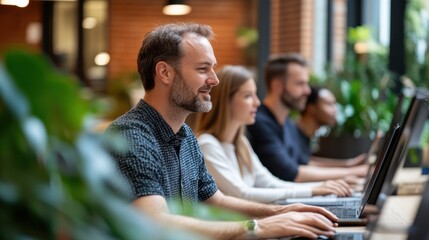 Team of professionals engaging in office work, surrounded by lush greenery in a contemporary open workspace, highlighting focus and collaboration.