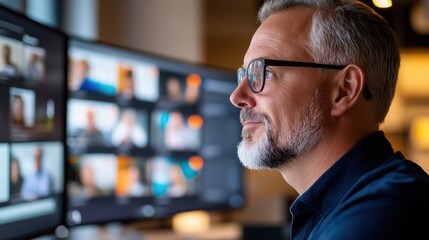 Fototapeta premium A profile view of a man in glasses attending a video conference meeting, with multiple faces on the screen, reflecting the modern work-from-home environment.