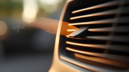 A close-up view of a car's interior vent with warm sunlight streaming through, highlighting the intricate design and details. Suggests a serene driving experience.