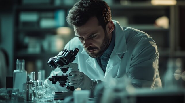 A scientist in a lab coat using a microscope to study cells under glassware, with a laboratory background