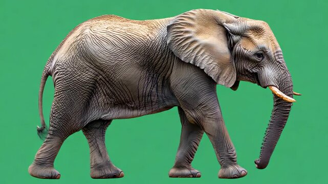 Elephant walking to the side in greenscreen background, elephant walking on site, generative ai
