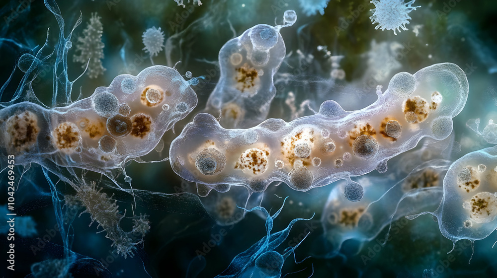 Poster microscopic view of bacteria and microorganisms in a fluid environment.