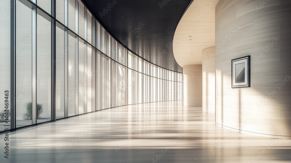 Poster a wide, curved corridor in the lobby of an office building with walls made from white stone and floo