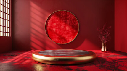 Luxury Elegant Chinese Style Podium with Red and Gold Background for Product Display